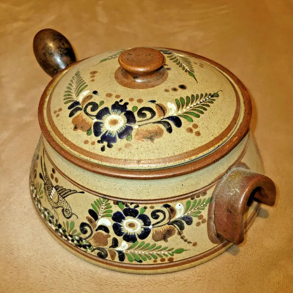 Vintage Netzi Tonala Mexican Pottery Large Soup Tureen Lidded Bowl Bird Floral